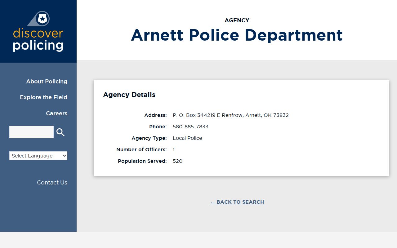 Arnett Police Department contact-record lead for Ellis County arrest records
