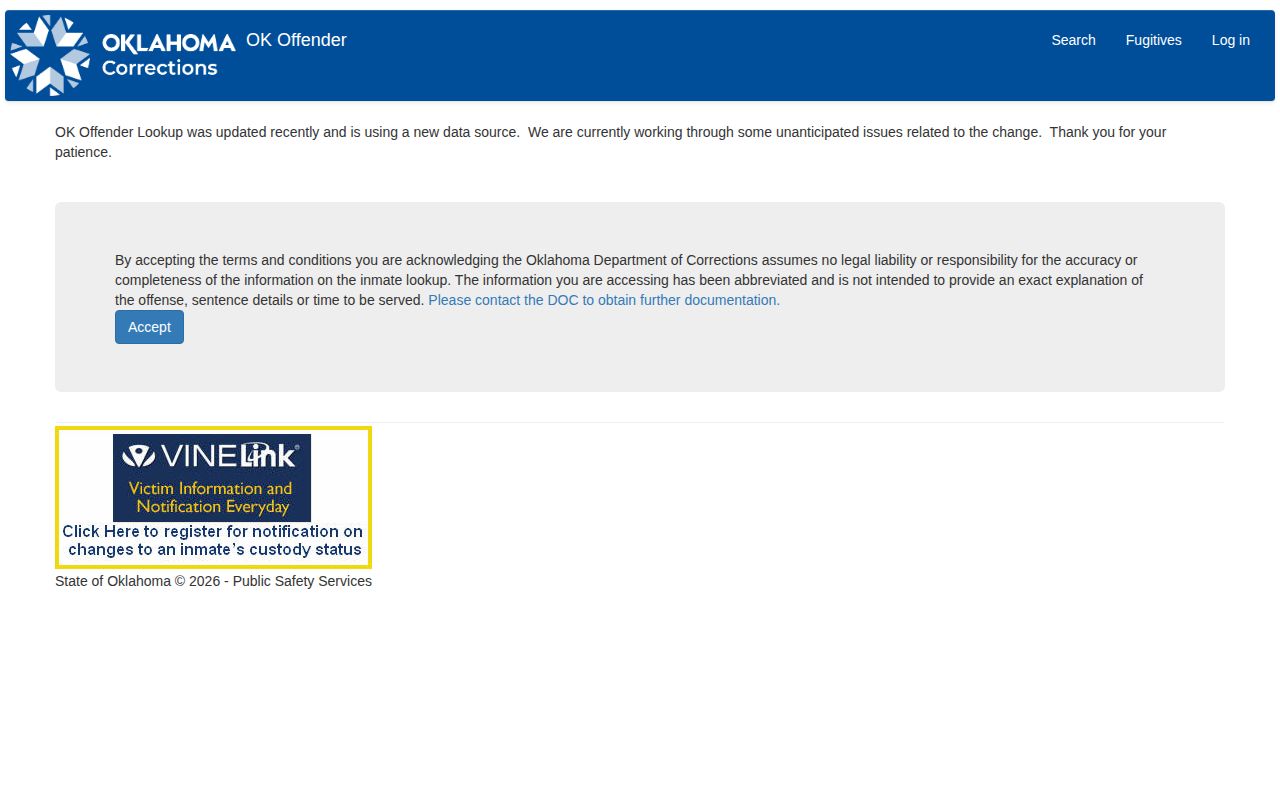 Ellis County state-custody record lookup through Oklahoma Department of Corrections