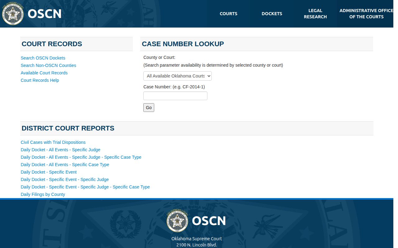 OSCN Ellis County warrant and court record search interface